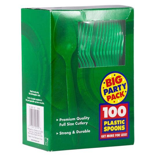 JAM Paper Green Big Party Pack Plastic Disposable Spoons, 100ct.
